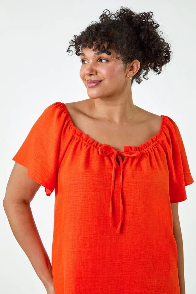 Orange Curve Tie Detail Linen Look Bardot Top Women Roman Tops
