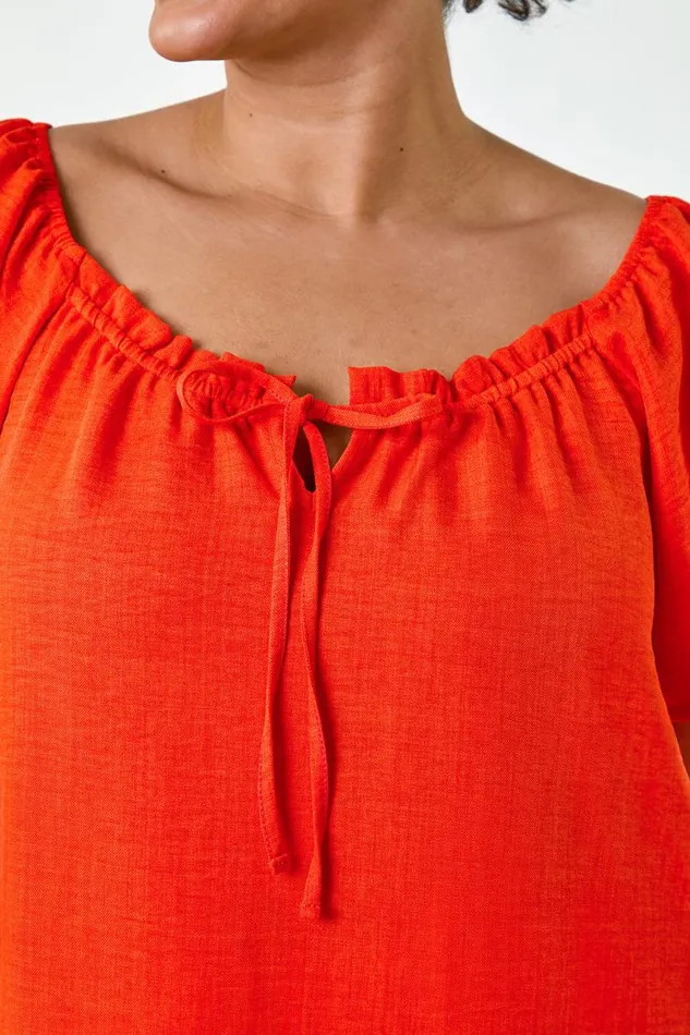 Orange Curve Tie Detail Linen Look Bardot Top Women Roman Tops