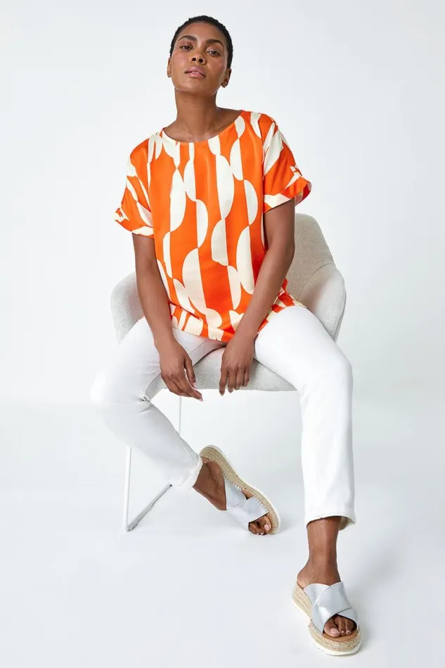 Orange Geometric Print Woven Top Women Roman Tops