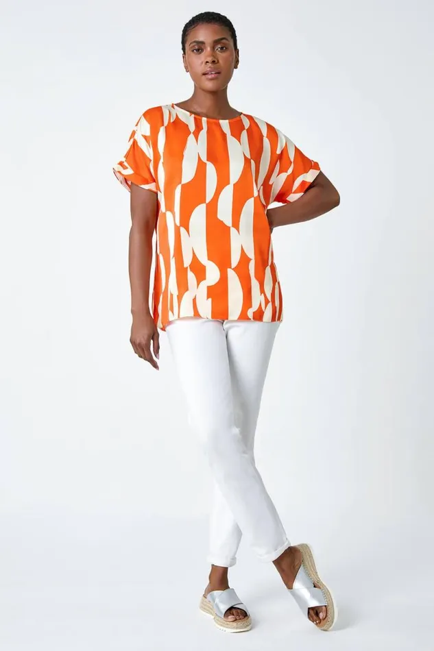Orange Geometric Print Woven Top Women Roman Tops
