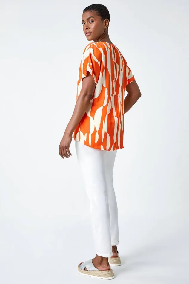 Orange Geometric Print Woven Top Women Roman Tops