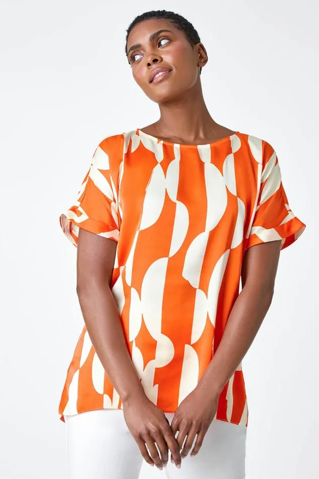 Orange Geometric Print Woven Top Women Roman Tops