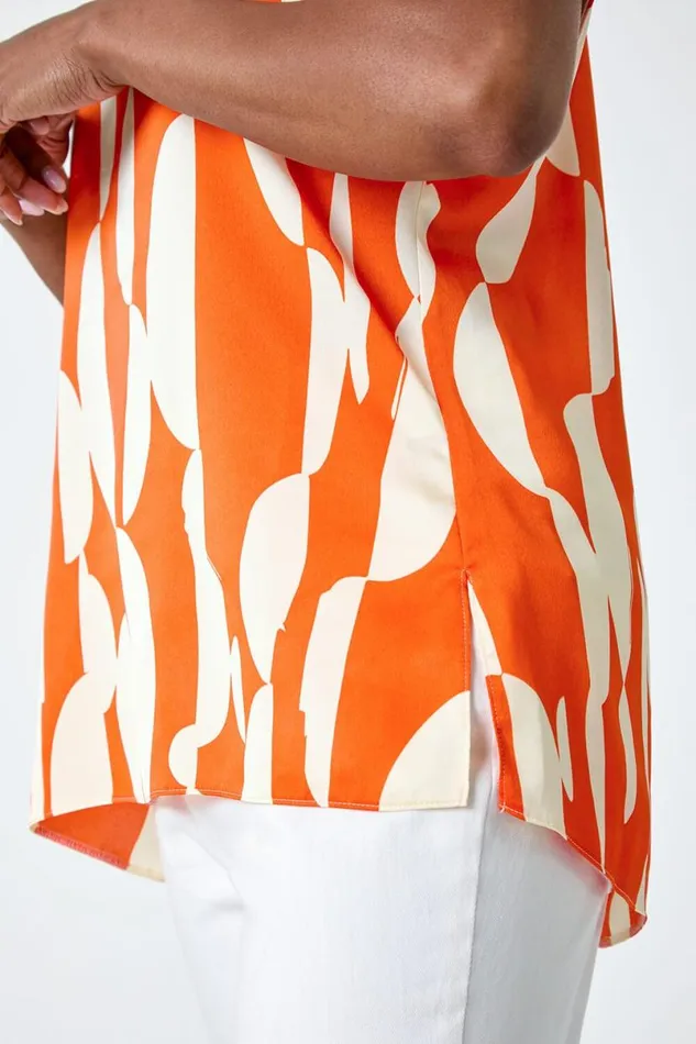Orange Geometric Print Woven Top Women Roman Tops