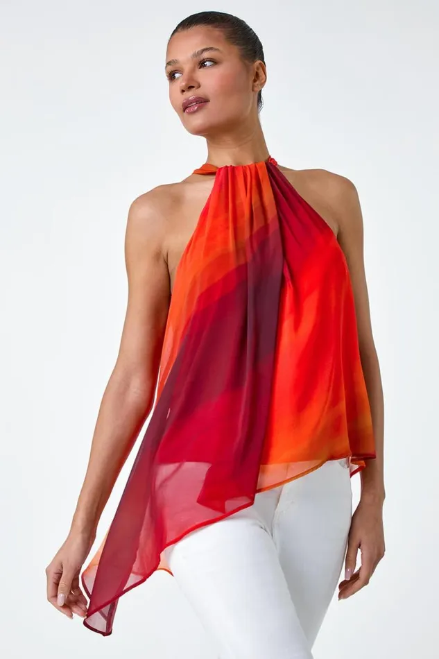 Orange Halterneck Ombre Print Asymmetric Chiffon Top Women Roman Tops