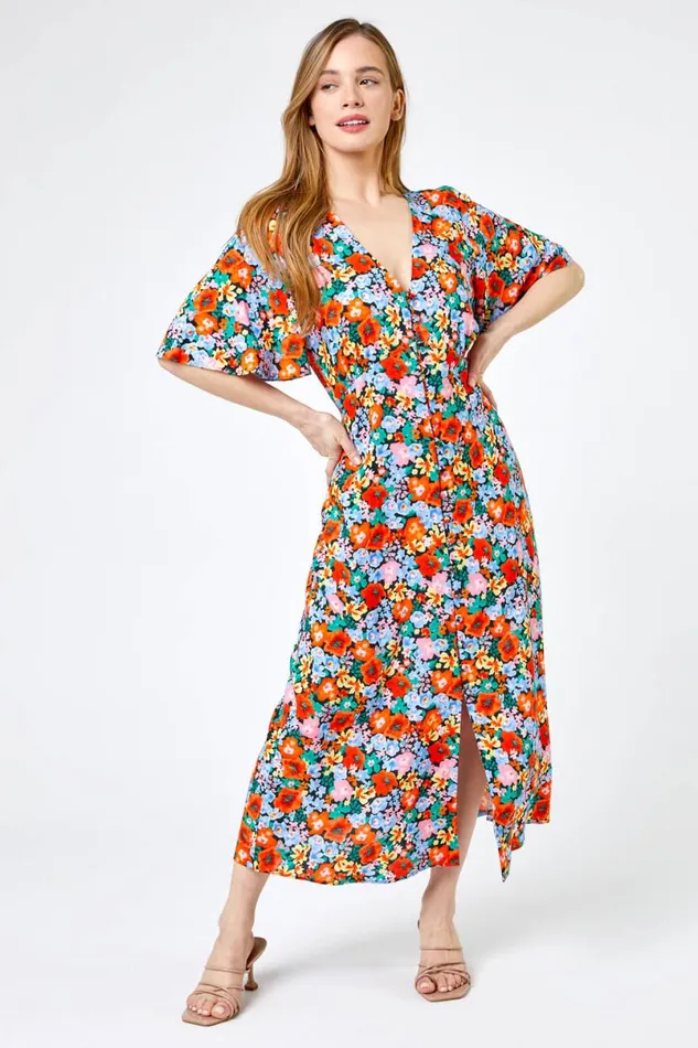 Orange Petite Floral Button Through Midi Dress Women Roman Dresses
