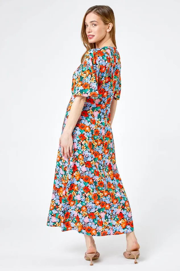 Orange Petite Floral Button Through Midi Dress Women Roman Dresses