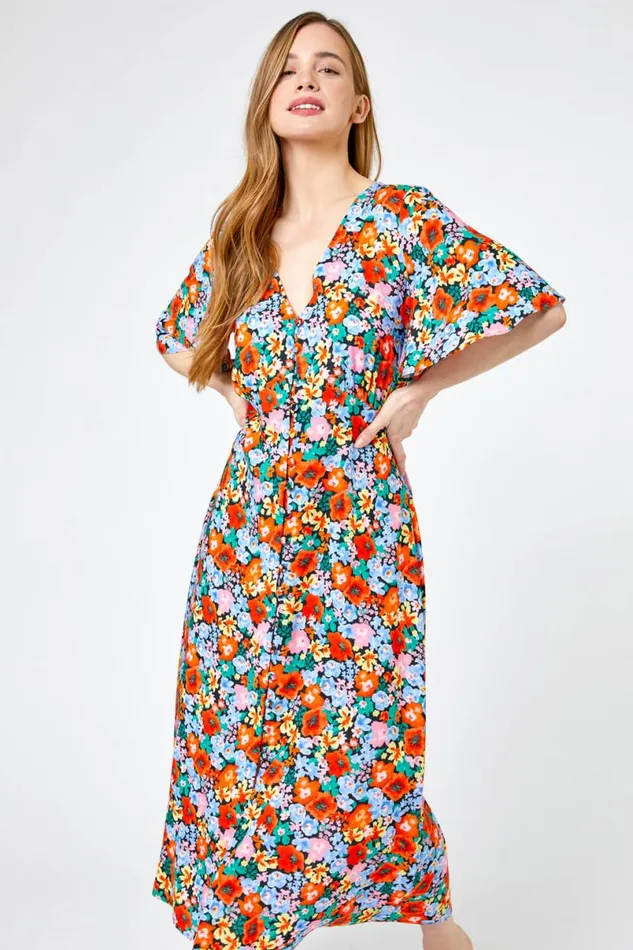 Orange Petite Floral Button Through Midi Dress Women Roman Dresses