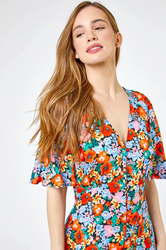 Orange Petite Floral Button Through Midi Dress Women Roman Dresses