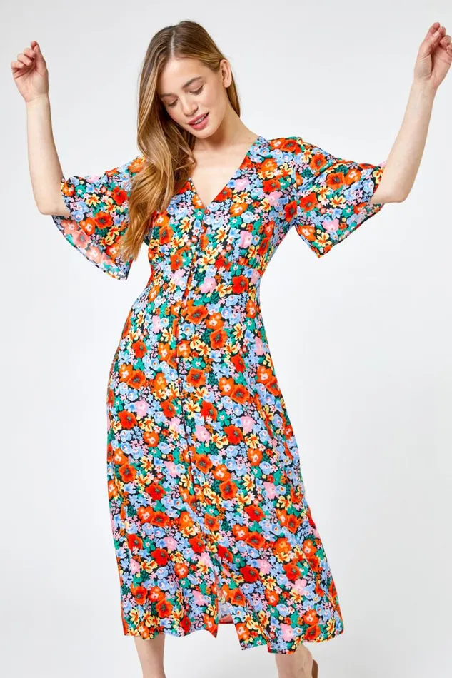 Orange Petite Floral Button Through Midi Dress Women Roman Dresses