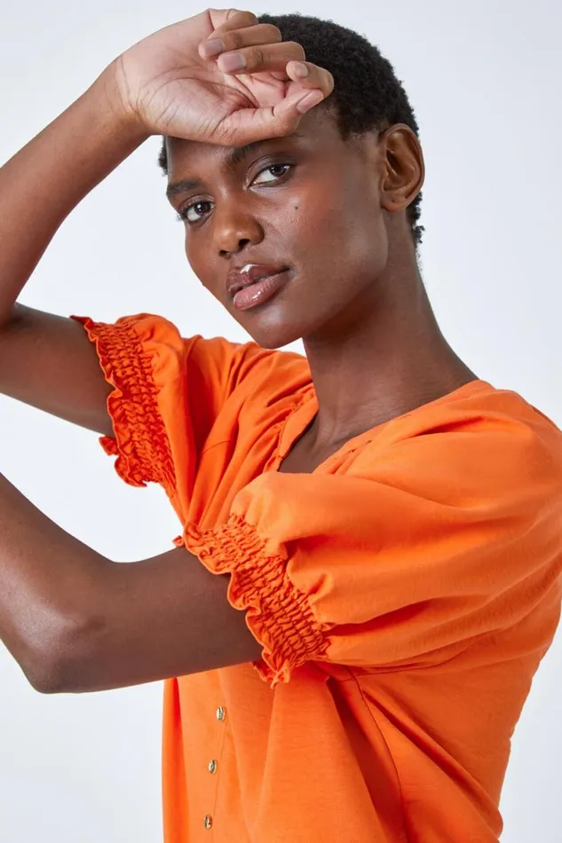 Orange Puff Sleeve Button Detail VNeck Blouse Women Roman Tops