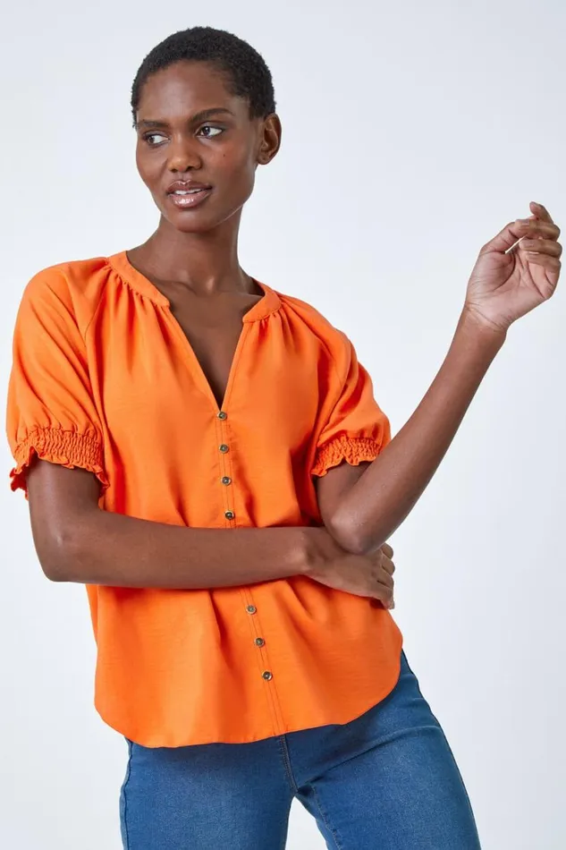 Orange Puff Sleeve Button Detail VNeck Blouse Women Roman Tops