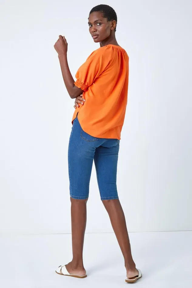 Orange Puff Sleeve Button Detail VNeck Blouse Women Roman Tops