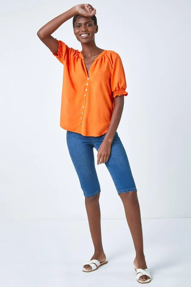 Orange Puff Sleeve Button Detail VNeck Blouse Women Roman Tops