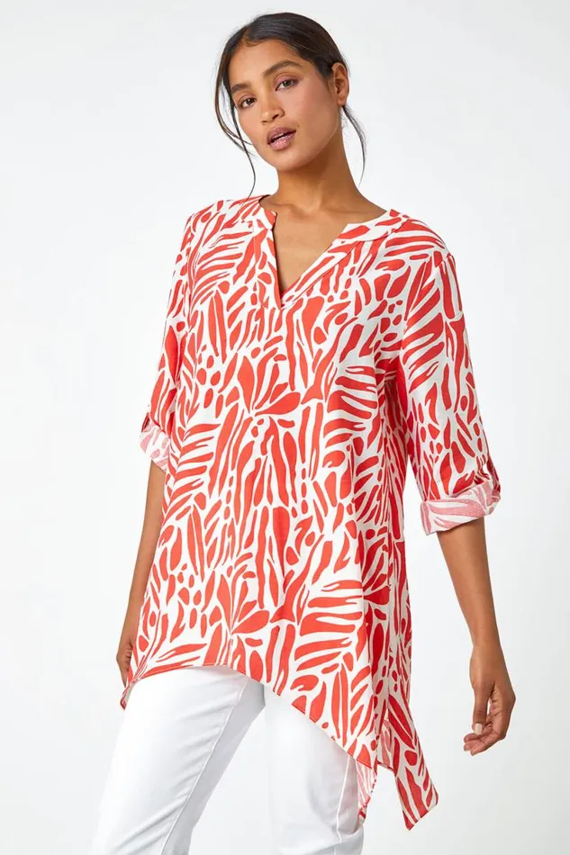 Orange Spot Print VNeck Hanky Hem Tunic Top Women Roman Tops