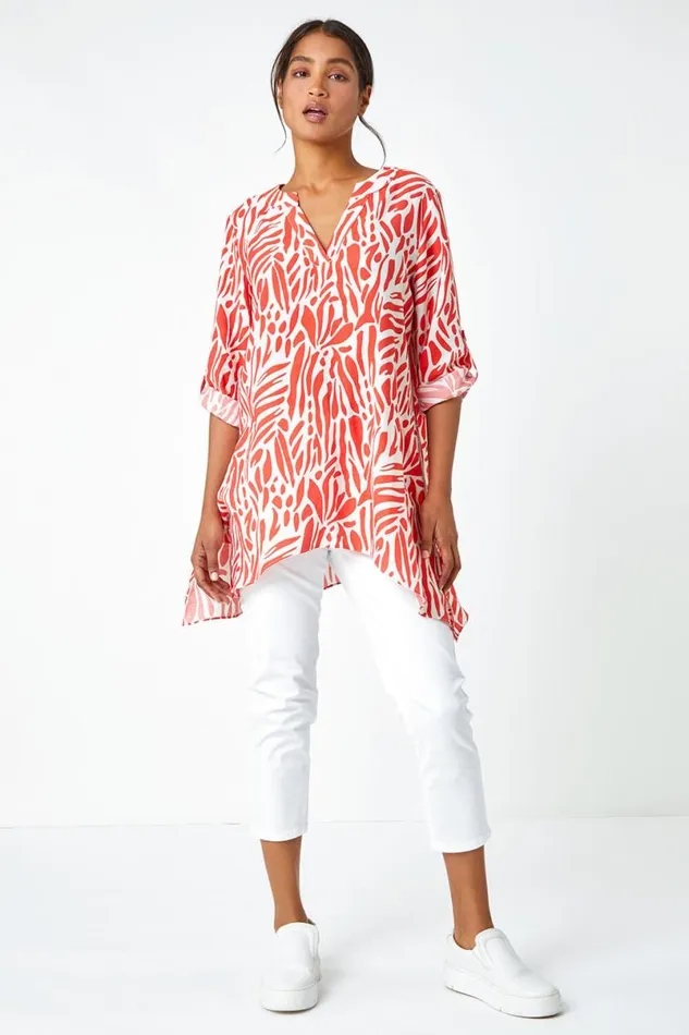 Orange Spot Print VNeck Hanky Hem Tunic Top Women Roman Tops