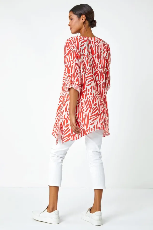 Orange Spot Print VNeck Hanky Hem Tunic Top Women Roman Tops