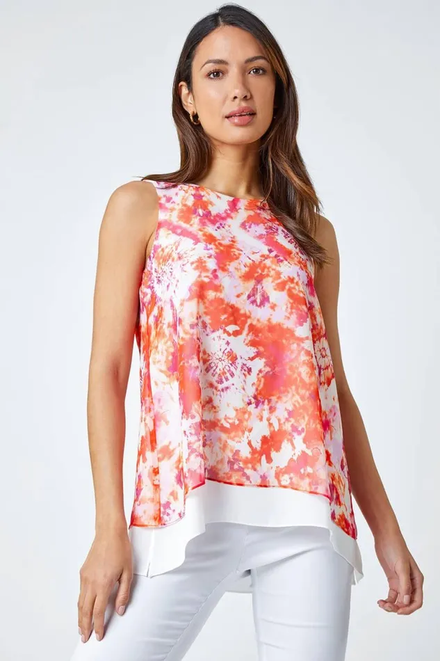 Orange Tie Dye Sleeveless Overlay Top Women Roman Tops