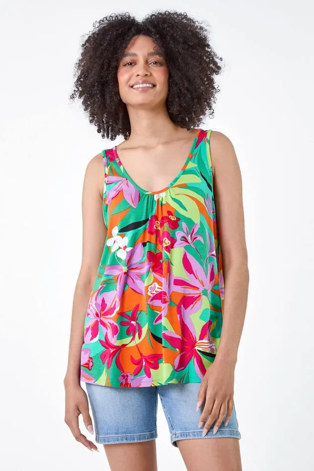 Orange Tropical Print VNeck Stretch Vest Women Roman Tops