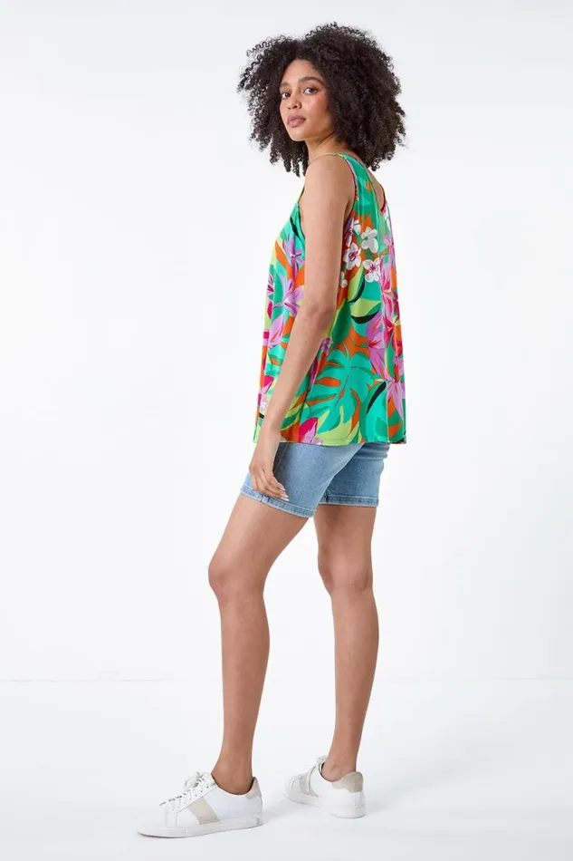Orange Tropical Print VNeck Stretch Vest Women Roman Tops