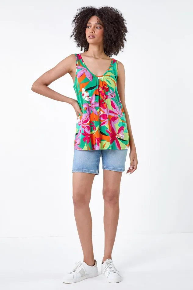 Orange Tropical Print VNeck Stretch Vest Women Roman Tops
