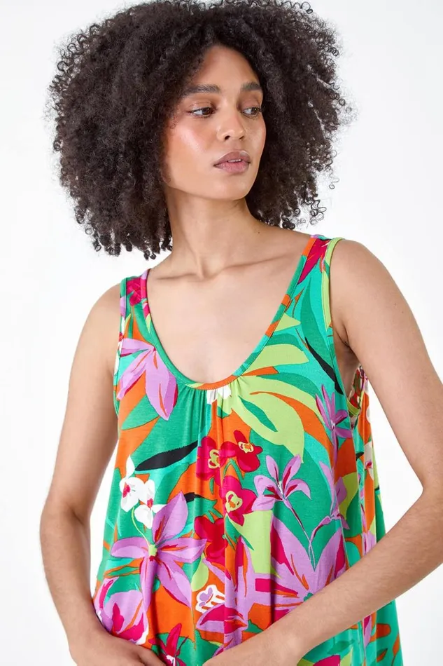 Orange Tropical Print VNeck Stretch Vest Women Roman Tops
