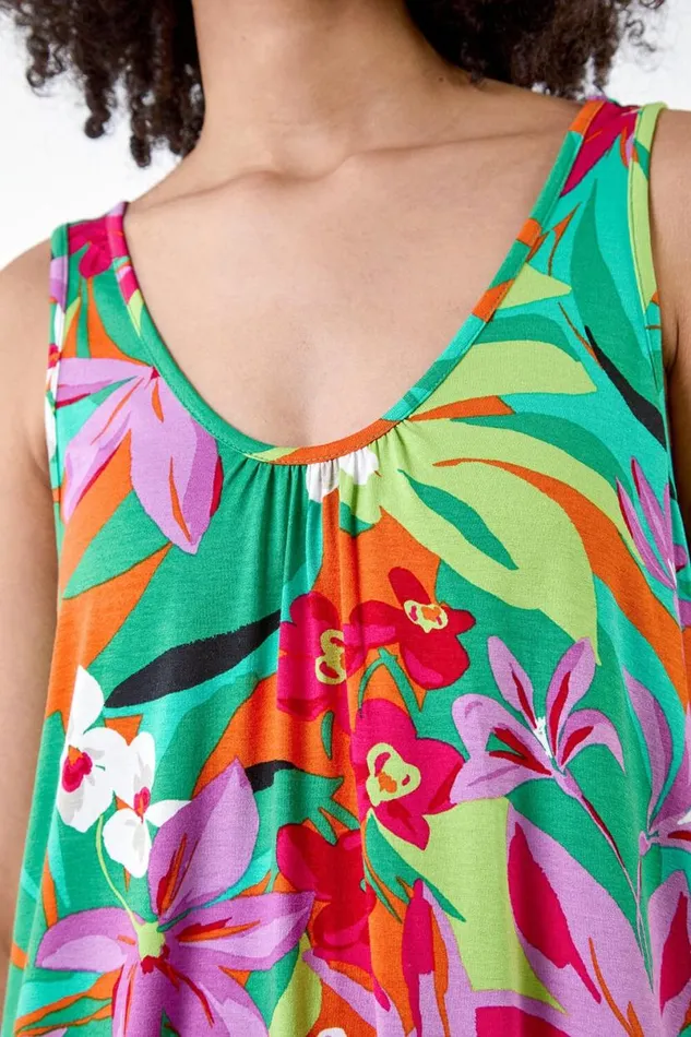 Orange Tropical Print VNeck Stretch Vest Women Roman Tops