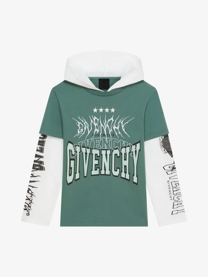 Overlapped Hooded TShirt In Cotton Whitegreyish Green Kids Givenchy