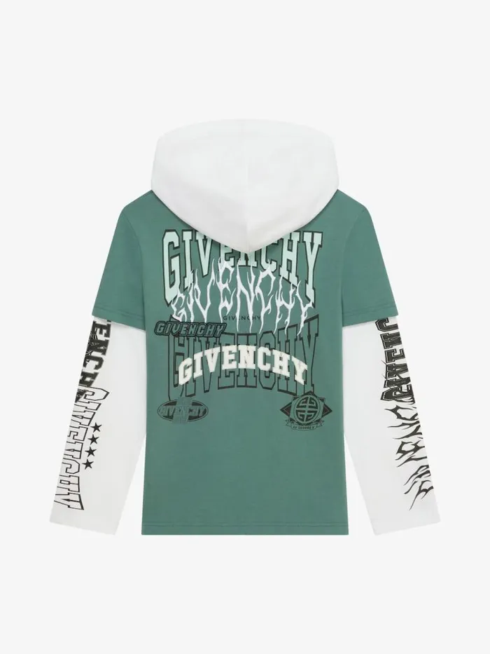 Overlapped Hooded TShirt In Cotton Whitegreyish Green Kids Givenchy