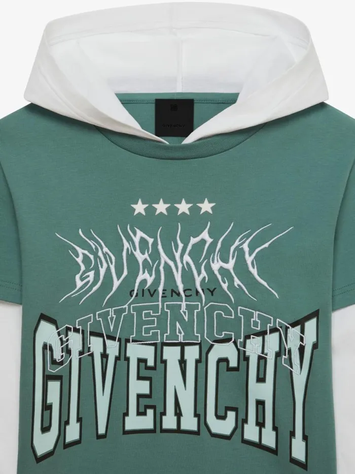 Overlapped Hooded TShirt In Cotton Whitegreyish Green Kids Givenchy