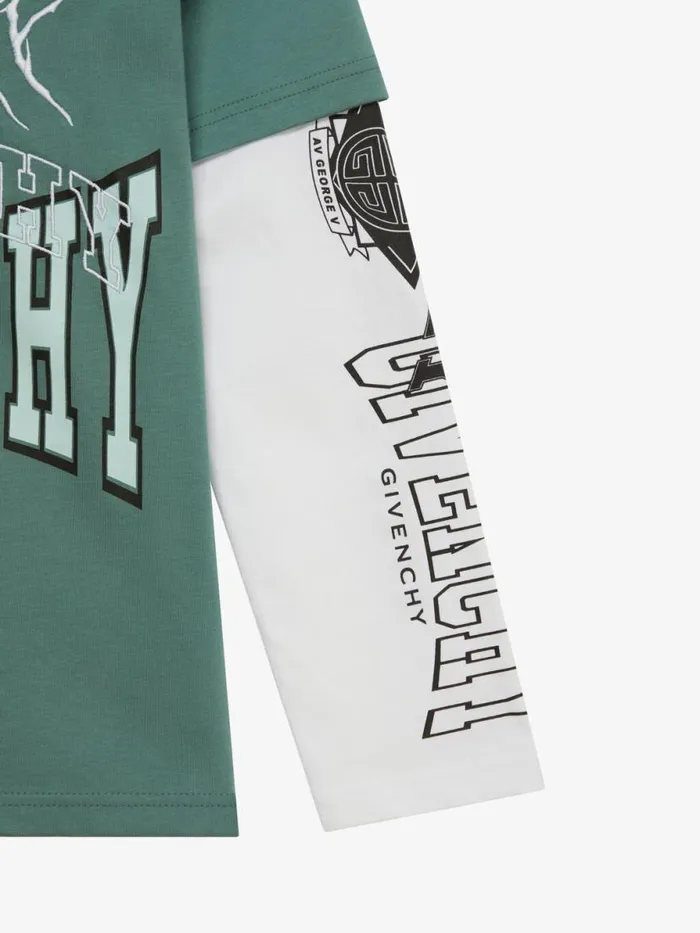 Overlapped Hooded TShirt In Cotton Whitegreyish Green Kids Givenchy