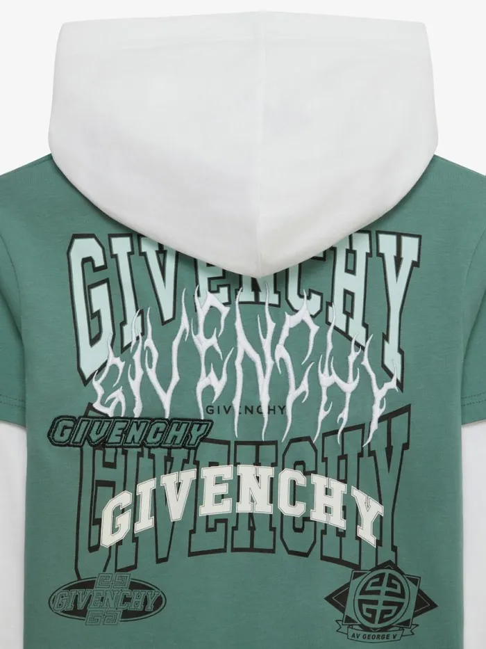 Overlapped Hooded TShirt In Cotton Whitegreyish Green Kids Givenchy
