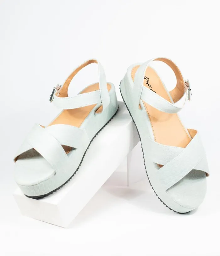 Pale Blue Denim Cross Strap Platform Keliko Sandals Shoes Unique Vintage Flats Pale Blue Denim Cross Strap Platform Keliko Sandals Shoes Unique Vintage Flats