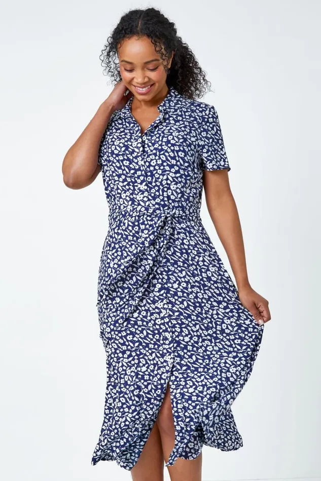 Petite Ditsy Floral Shirt Dress Women Roman Dresses