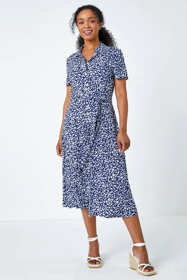 Petite Ditsy Floral Shirt Dress Women Roman Dresses