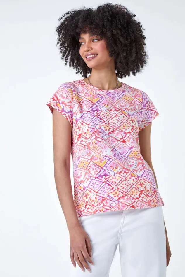 Pink Aztec Print Sequin Stretch TShirt Women Roman Tops