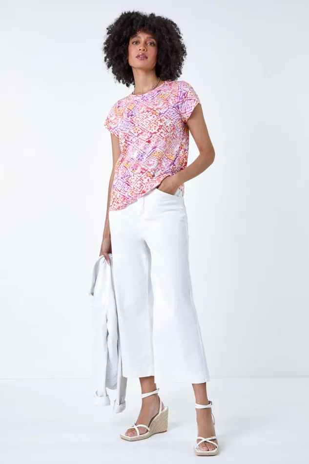 Pink Aztec Print Sequin Stretch TShirt Women Roman Tops