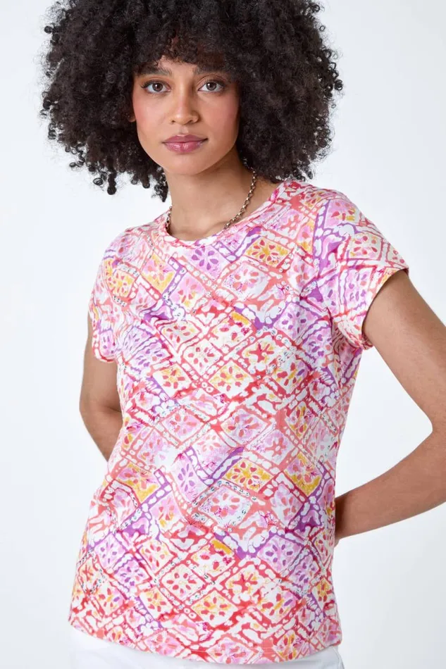 Pink Aztec Print Sequin Stretch TShirt Women Roman Tops
