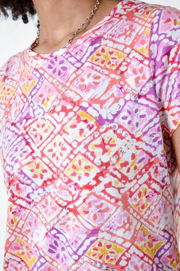 Pink Aztec Print Sequin Stretch TShirt Women Roman Tops