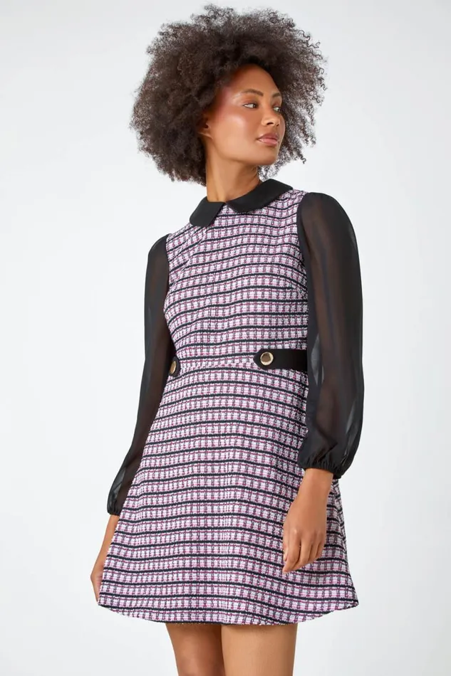Pink Collared Boucle Stretch Dress Women Roman Dresses