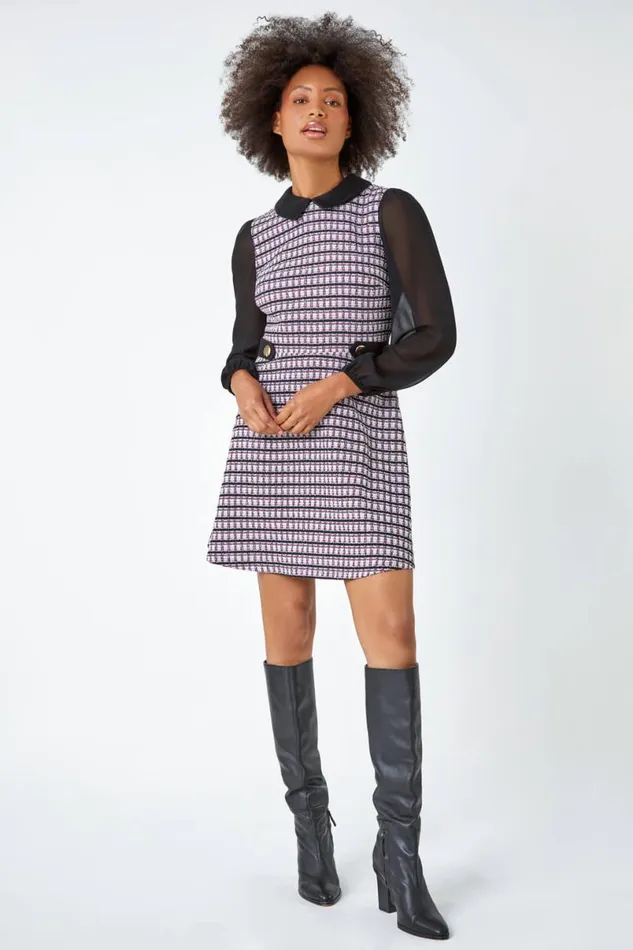 Pink Collared Boucle Stretch Dress Women Roman Dresses