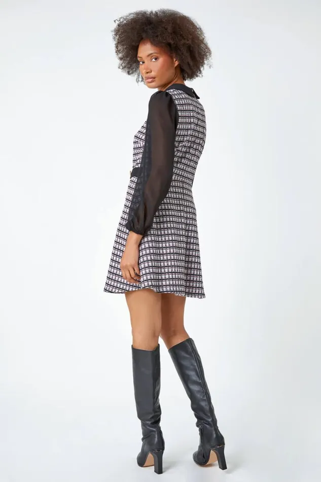 Pink Collared Boucle Stretch Dress Women Roman Dresses