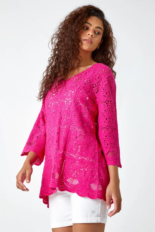 Pink Cotton Crochet Tunic Top Women Roman Tops