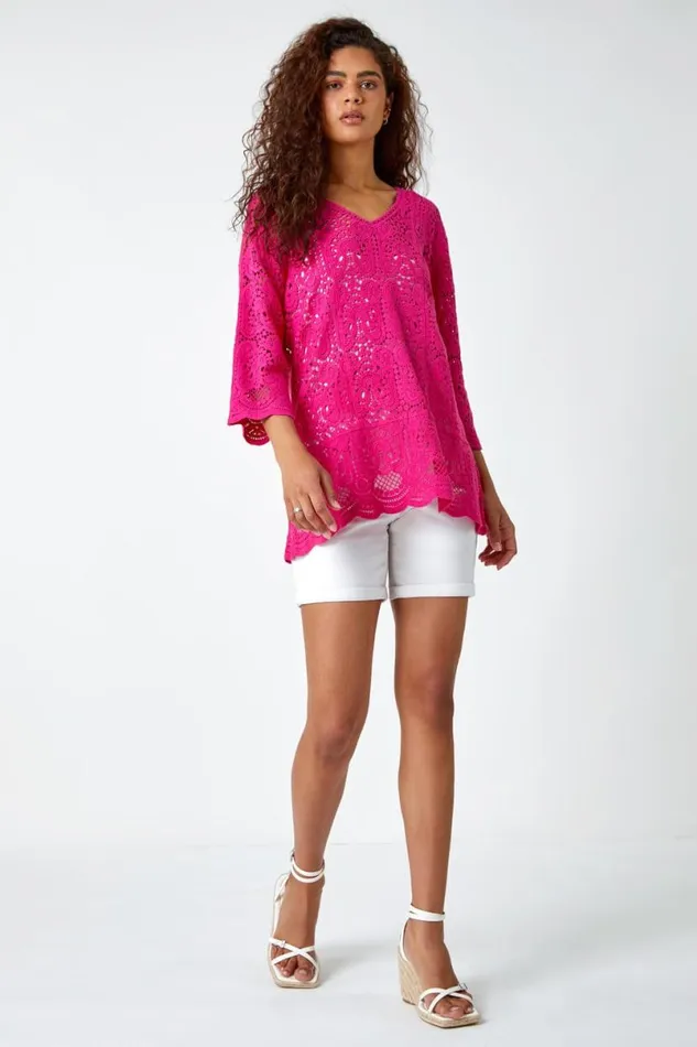 Pink Cotton Crochet Tunic Top Women Roman Tops