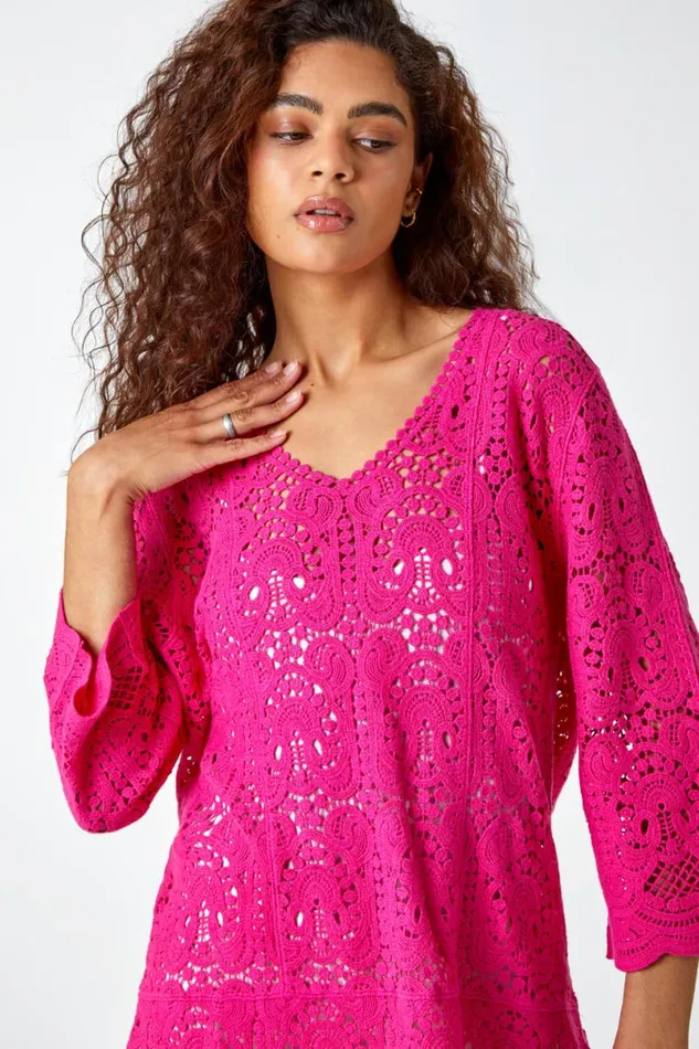 Pink Cotton Crochet Tunic Top Women Roman Tops