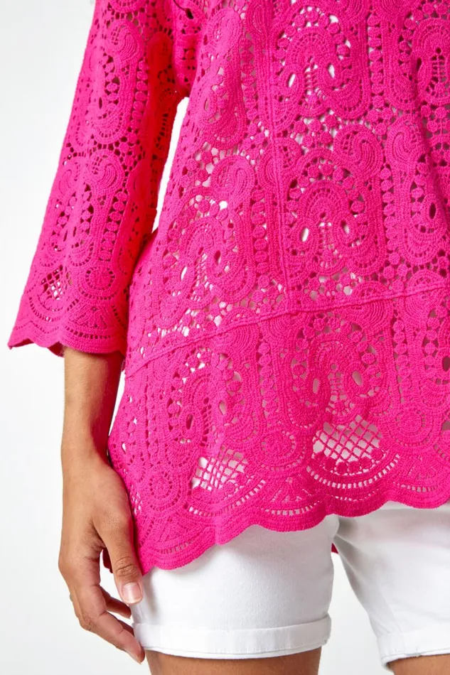 Pink Cotton Crochet Tunic Top Women Roman Tops