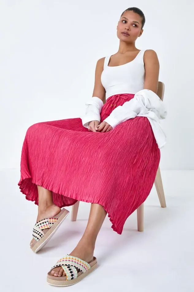 Pink Crinkle Cotton Textured Tassel Midi Skirt Women Roman Skirts