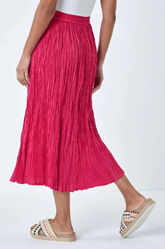 Pink Crinkle Cotton Textured Tassel Midi Skirt Women Roman Skirts