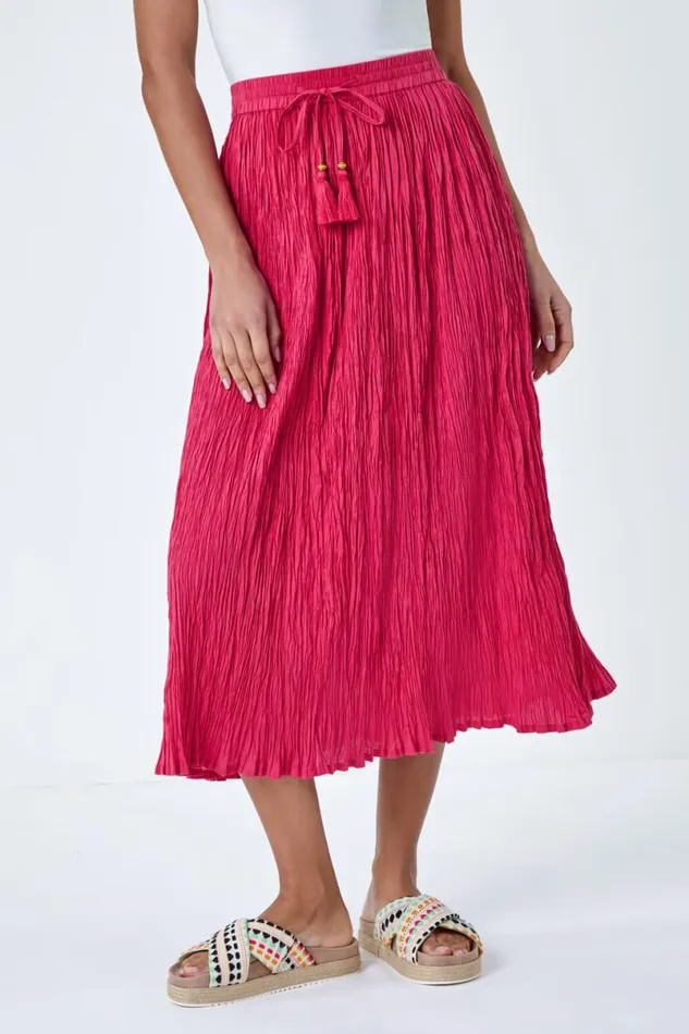 Pink Crinkle Cotton Textured Tassel Midi Skirt Women Roman Skirts