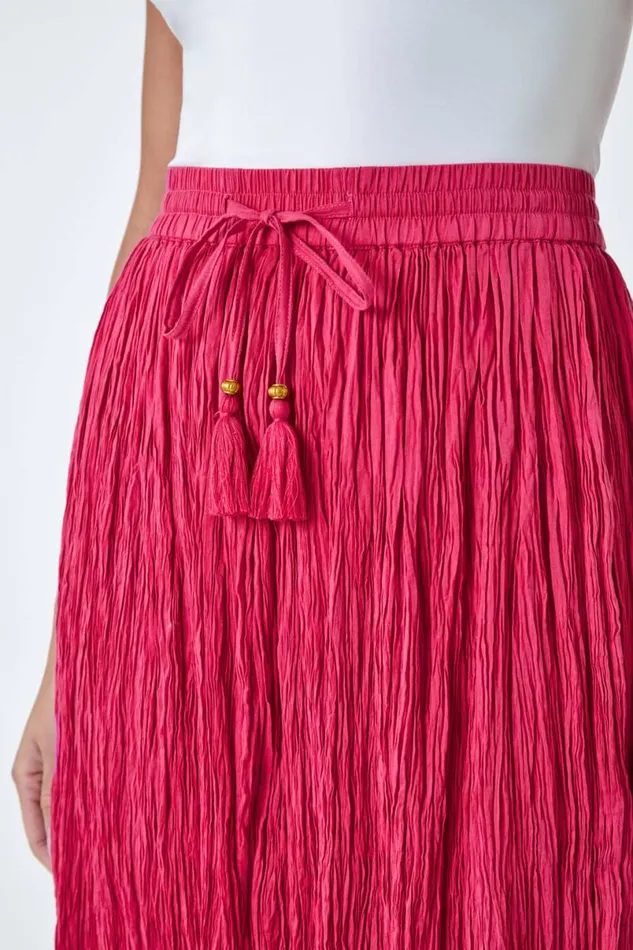 Pink Crinkle Cotton Textured Tassel Midi Skirt Women Roman Skirts