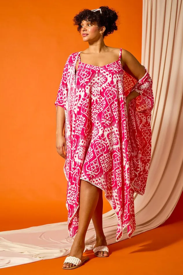 Pink Curve Aztec Bobble Trim Hanky Hem Dress Women Roman Dresses